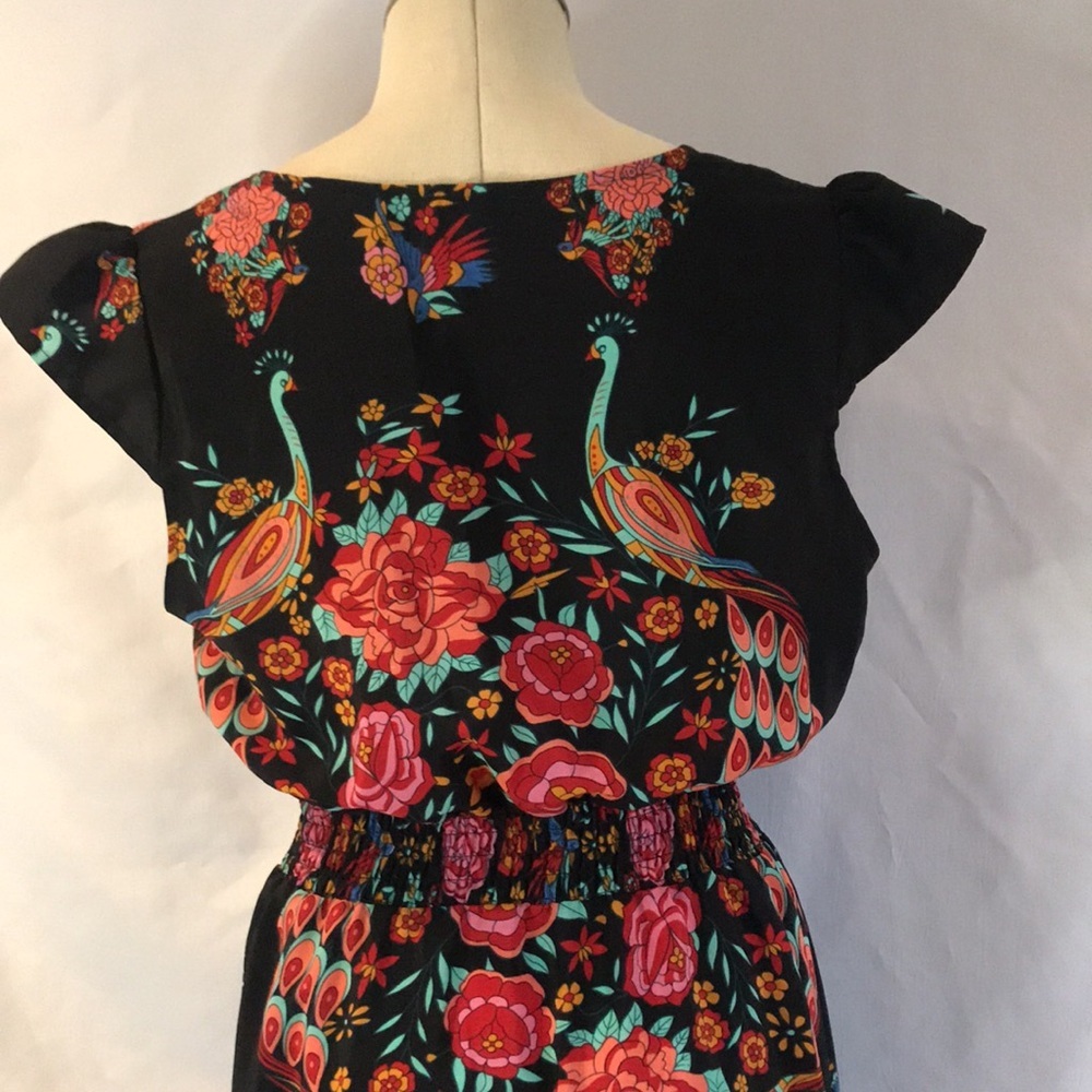 Black floral peacock colorful print short sleeves hi-low maxi dress boho gypsy M - Picture 8 of 16